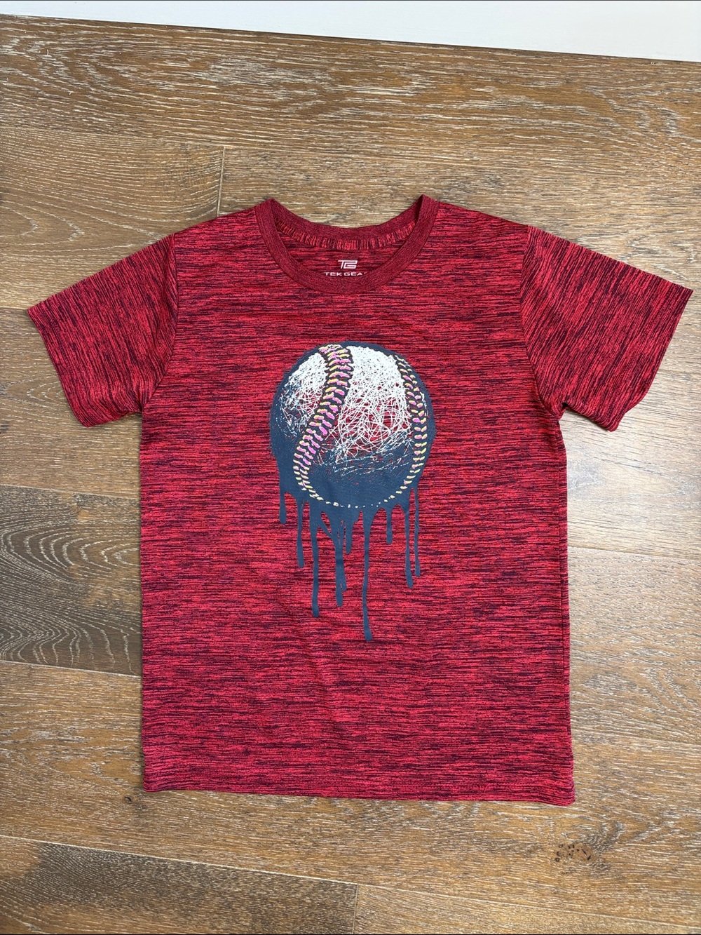 Tek Gear Boys Large 14/16 Heather Red Melting Baseball Graphic Active Tee